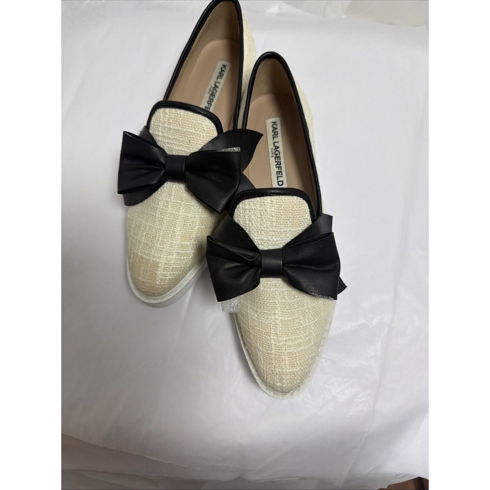 Karl Lagerfeld Paris Mint Cream Black Bow 7 - 37.5 B Classy Flats Slip Resistent